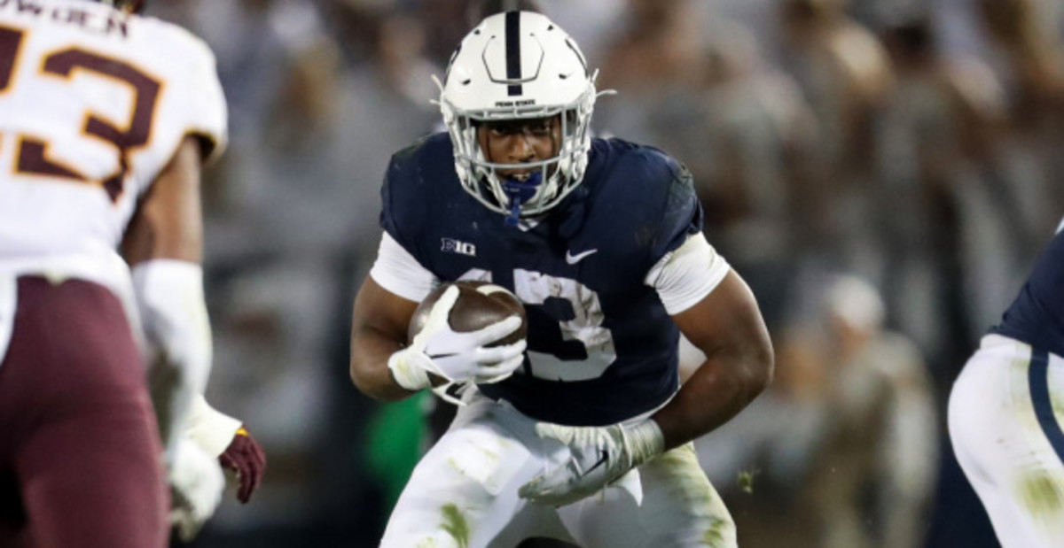 Penn State Nittany Lions running back Kaytron Allen on a carry during a college football game in the Big Ten.